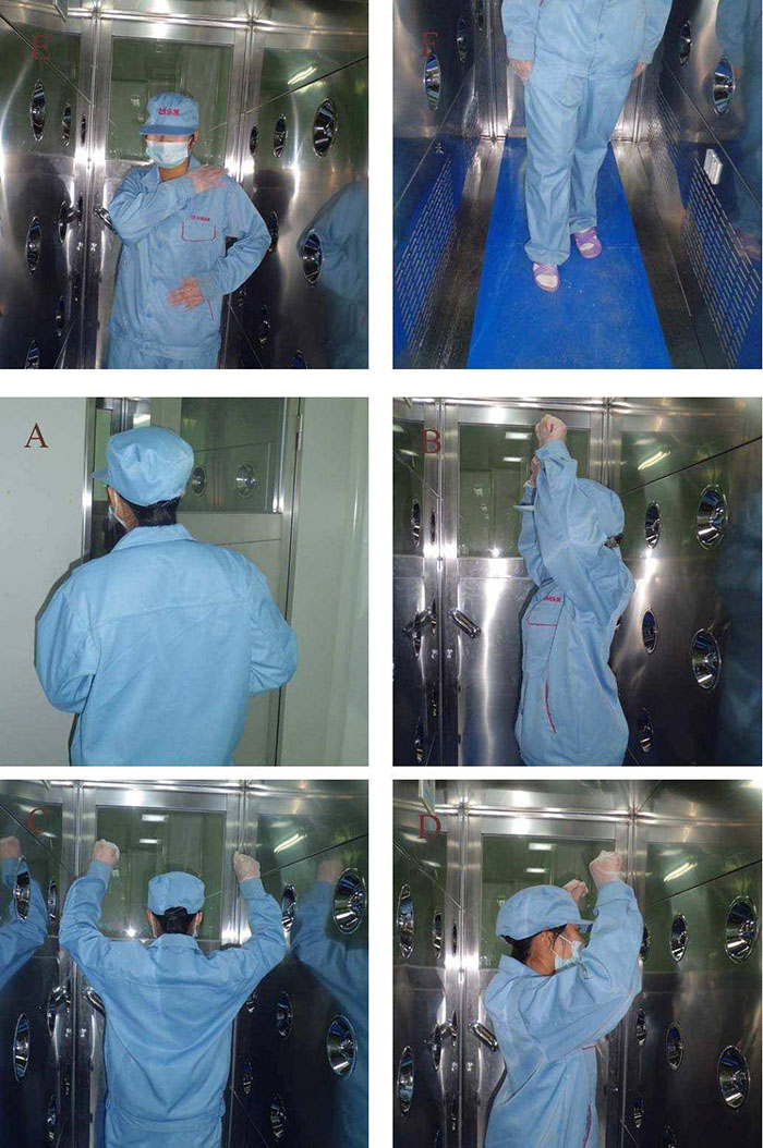 進(jìn)入風(fēng)淋室風(fēng)淋結(jié)束后，風(fēng)淋結(jié)束后應(yīng)及時(shí)脫下防護(hù)服和鞋帽，并按照規(guī)定進(jìn)行廢棄或清洗。